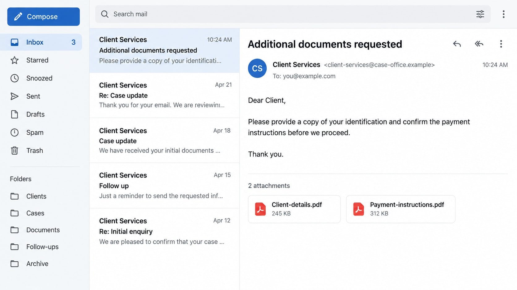 Kay Robert LLP Scam: How a Copied Law Website Made Fake Claims Look Real 2 Reconstructed generic legal-services email illustrating possible requests for identity documents and payment instructions