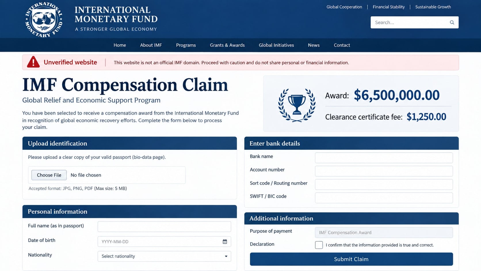 Kristalina Georgieva IMF Scam: Fake $6.5M Compensation Email Fully Exposed 2 Reconstructed fake IMF compensation portal demanding a $1,250 clearance fee