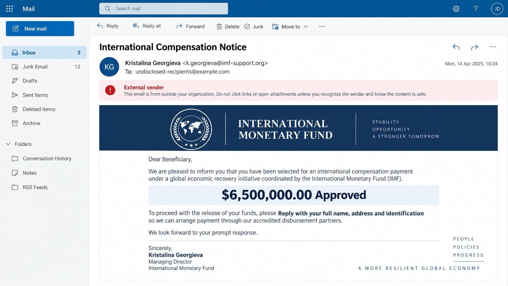 Kristalina Georgieva IMF Scam: Fake $6.5M Compensation Email Fully Exposed 1 Reconstructed Kristalina Georgieva IMF scam email promising $6,500,000 in compensation