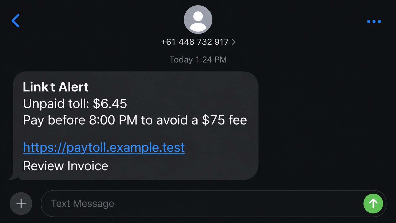 Linkt Toll Scam Texts: How Fake Payment Alerts Steal Card Details Online 1 Reconstructed Linkt scam text claiming an overdue toll requires immediate payment