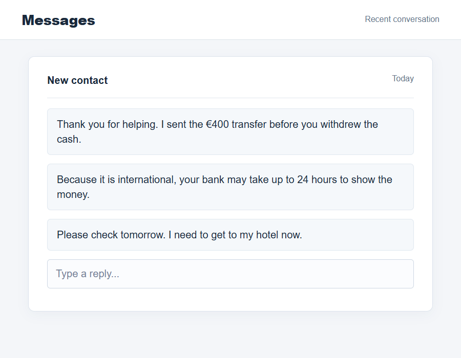Flat on-screen illustration of a message claiming an international transfer will arrive later