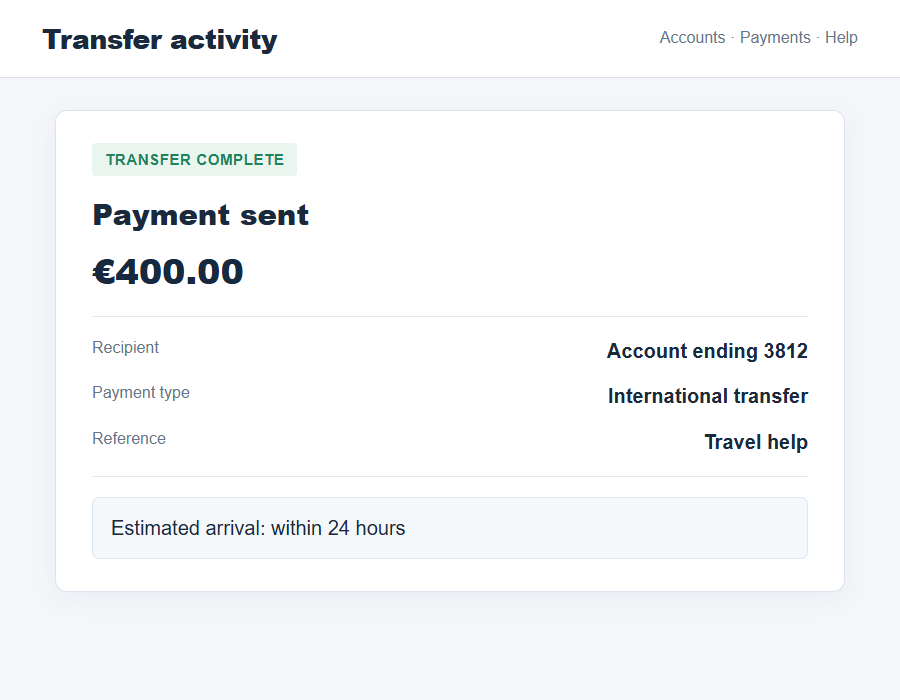 Flat on-screen illustration of a supposed successful bank transfer displayed by a stranger