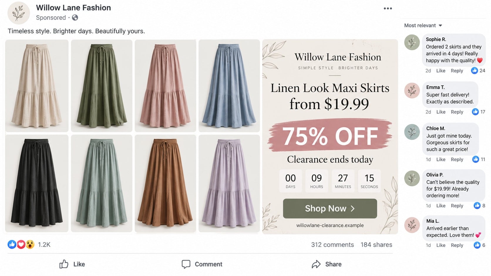 Reconstructed social media advertisement used in a long skirts scam