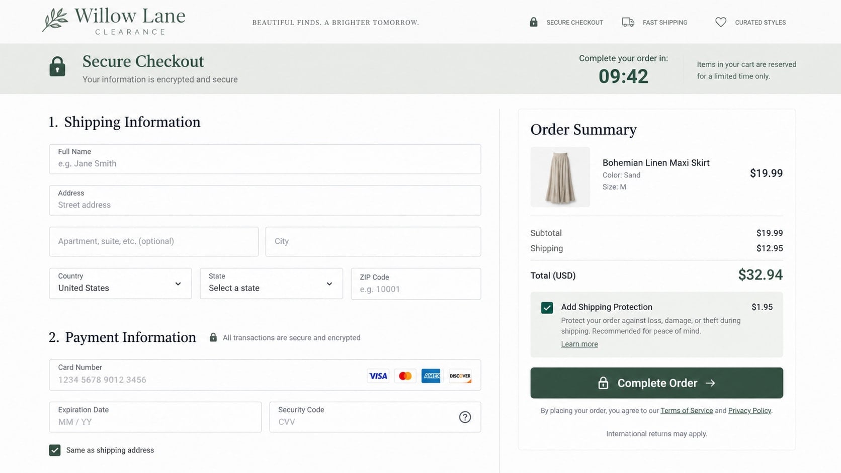 Reconstructed checkout page for a deceptive long skirt store