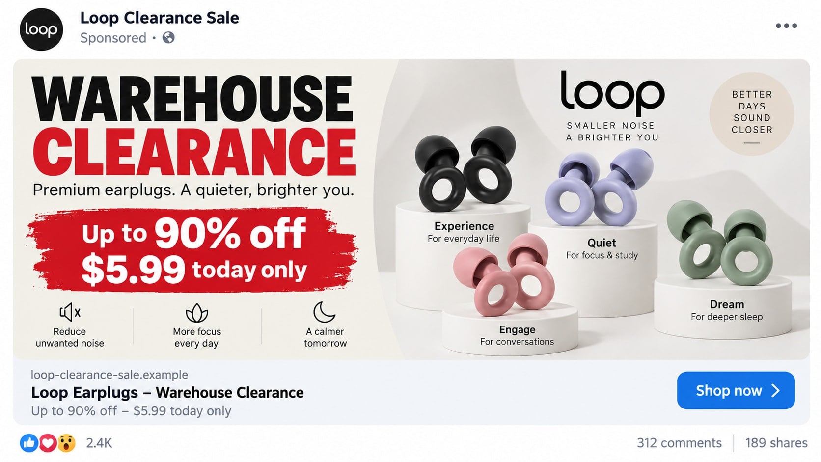 Loop Earplugs Sale Scam: How Fake Clearance Stores Steal Your Money Fast 1 Reconstructed social media advertisement for a fake Loop Earplugs warehouse clearance