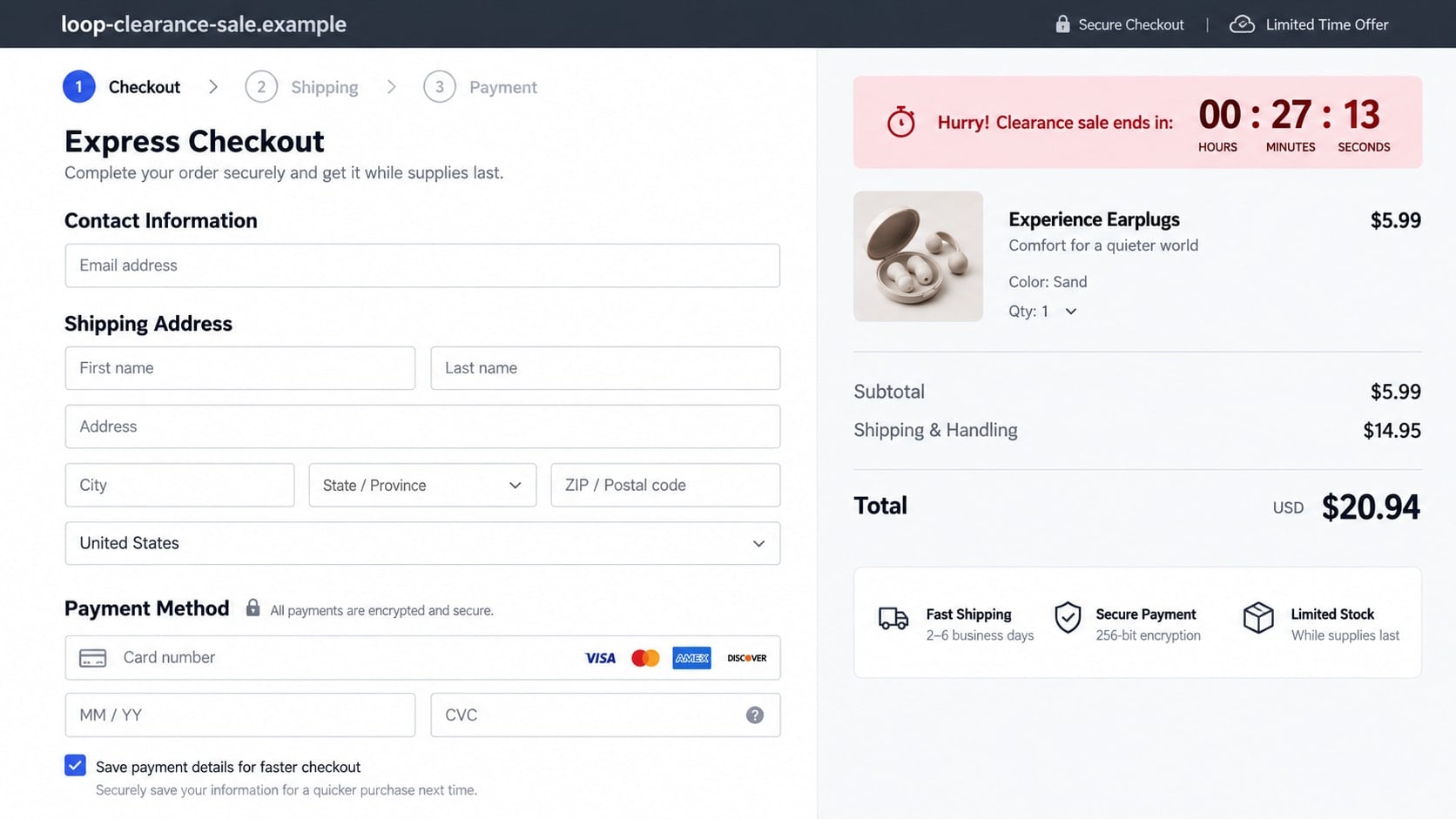 Loop Earplugs Sale Scam: How Fake Clearance Stores Steal Your Money Fast 2 Reconstructed fake Loop Earplugs clearance checkout with card fields and added shipping