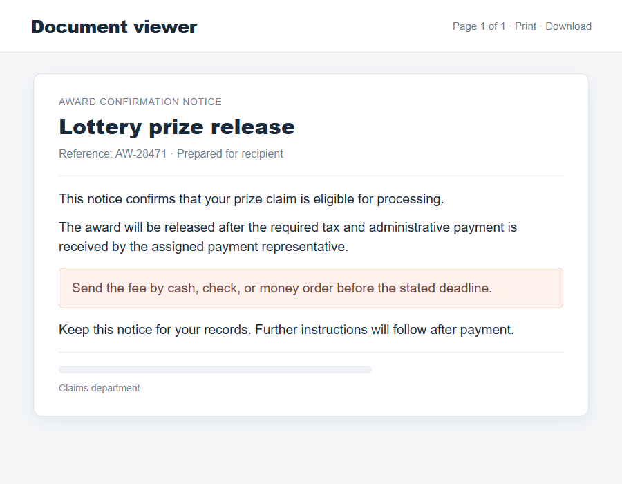 Flat letter screenshot illustrating a fabricated government-style confirmation of a lottery award