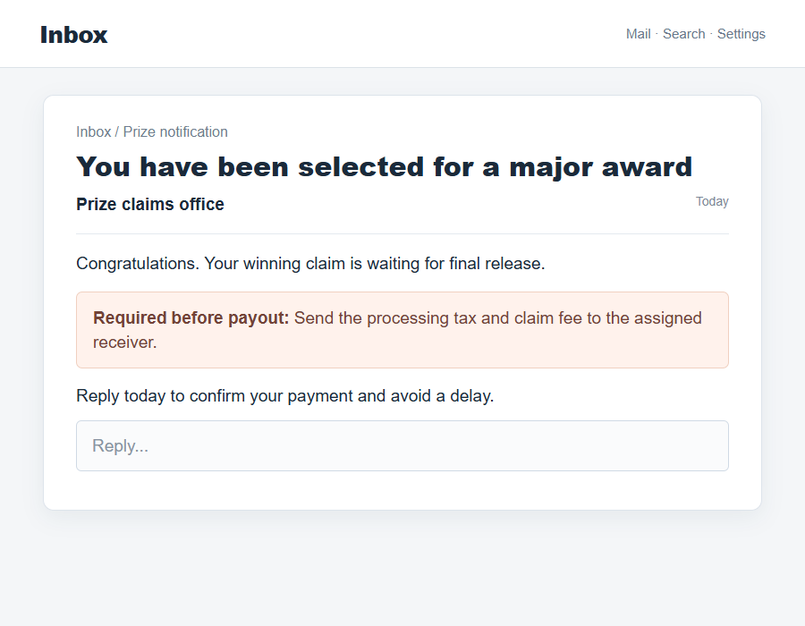 Flat email screenshot illustrating a false lottery prize and request for taxes before release