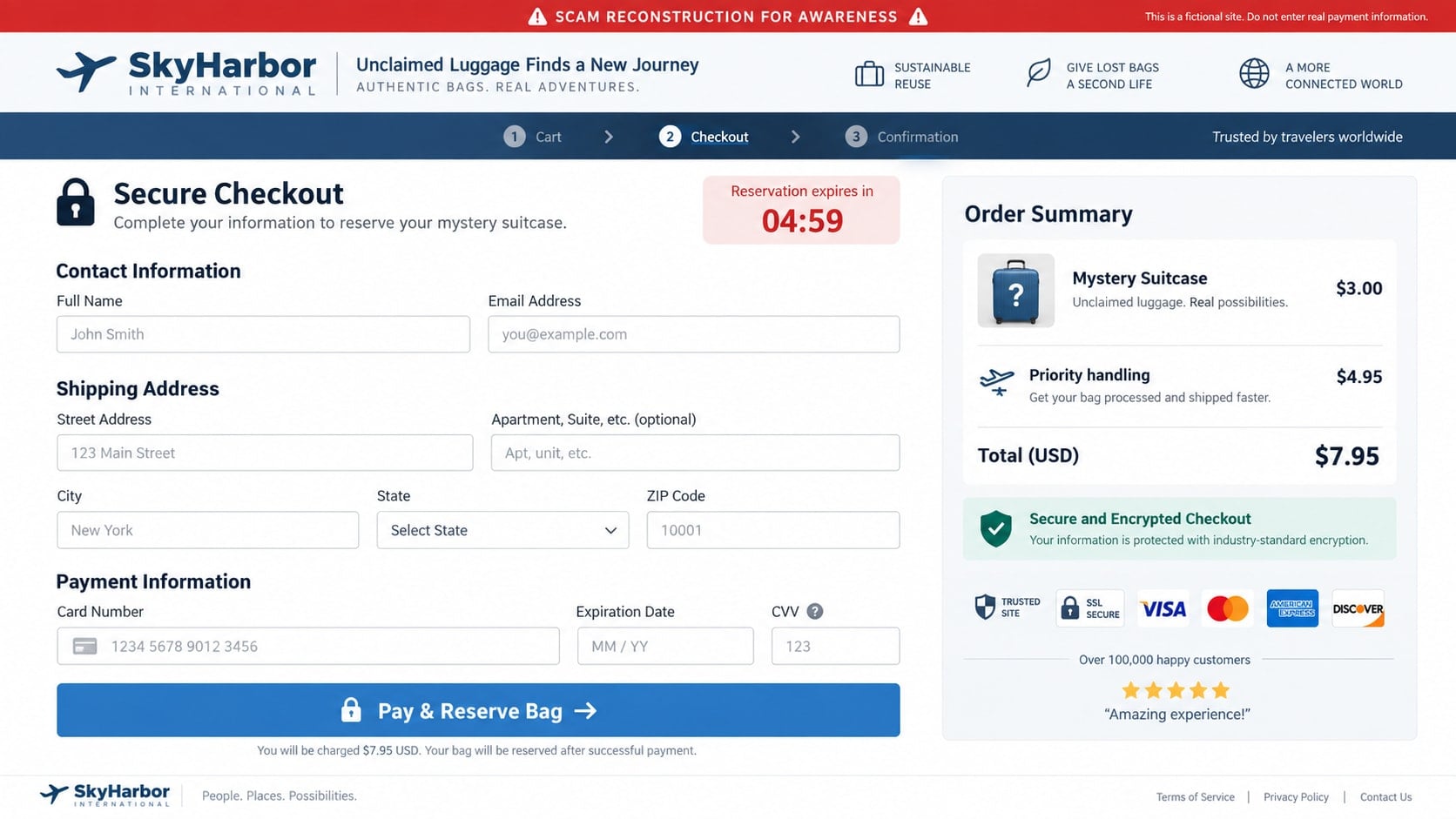 Lost Luggage Sale Scam: How Fake Airport Ads Steal Your Money and Card Data 2 Reconstructed fake lost luggage checkout collecting card and delivery details