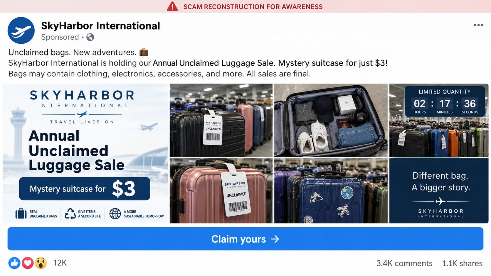 Lost Luggage Sale Scam: How Fake Airport Ads Steal Your Money and Card Data 1 Reconstructed lost luggage sale scam advertisement offering a mystery suitcase for $3