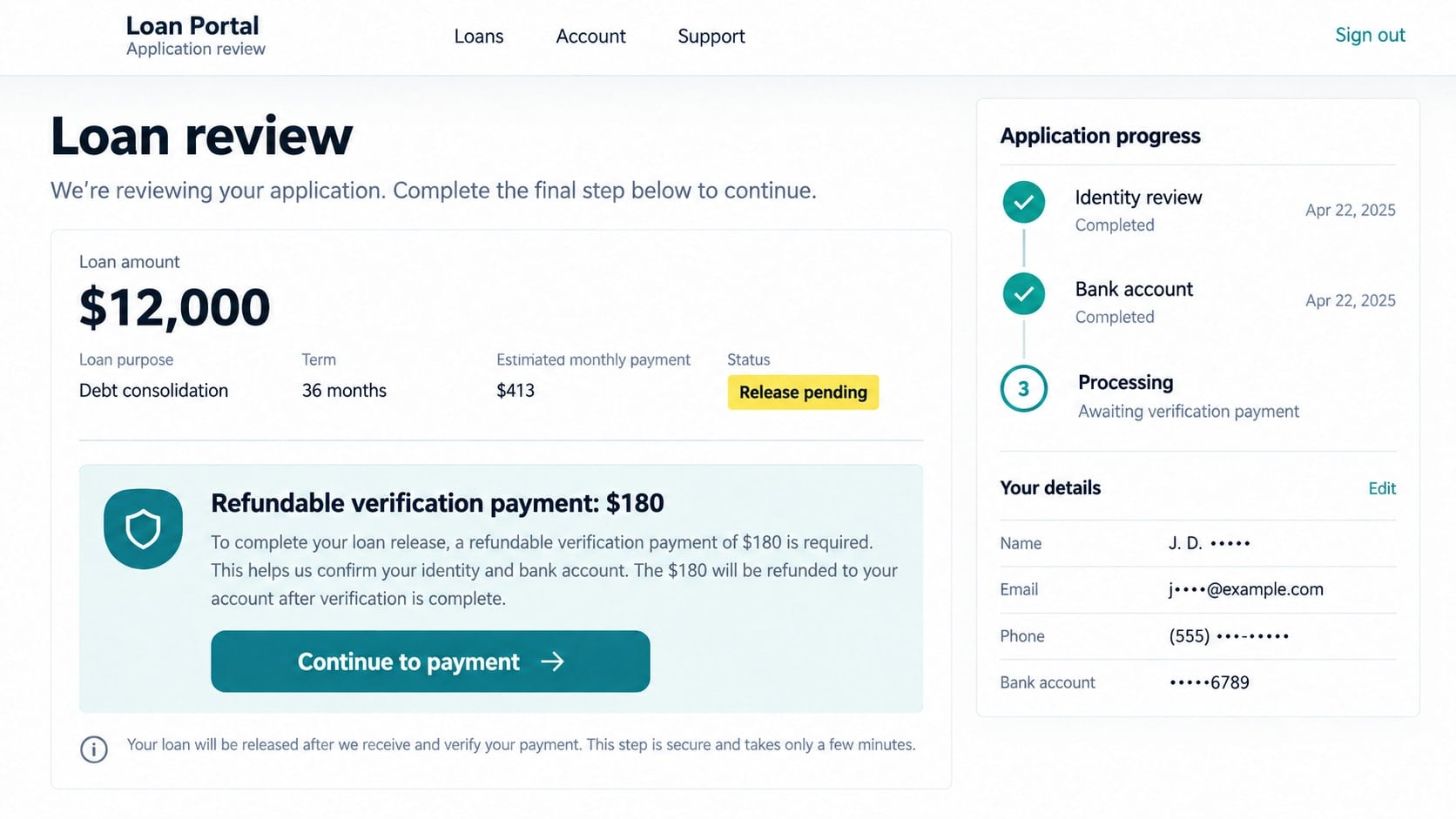 Reconstructed generic advance-fee loan portal illustrating a possible escalation rather than an observed Mayline website