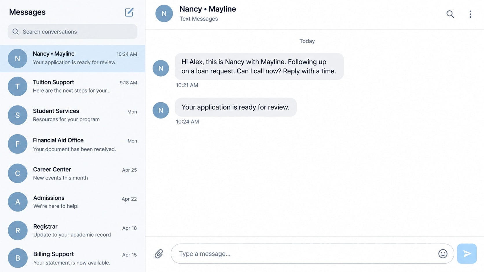 Reconstructed text conversation showing an unsolicited loan follow-up from Nancy at Mayline