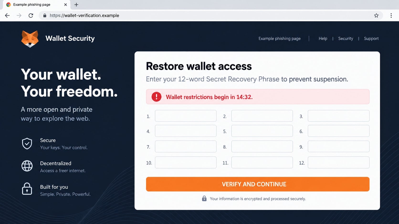MetaMask Email Scam: How Fake Wallet Alerts Steal Your Recovery Phrase 2 Reconstructed fake wallet page requesting a 12-word Secret Recovery Phrase