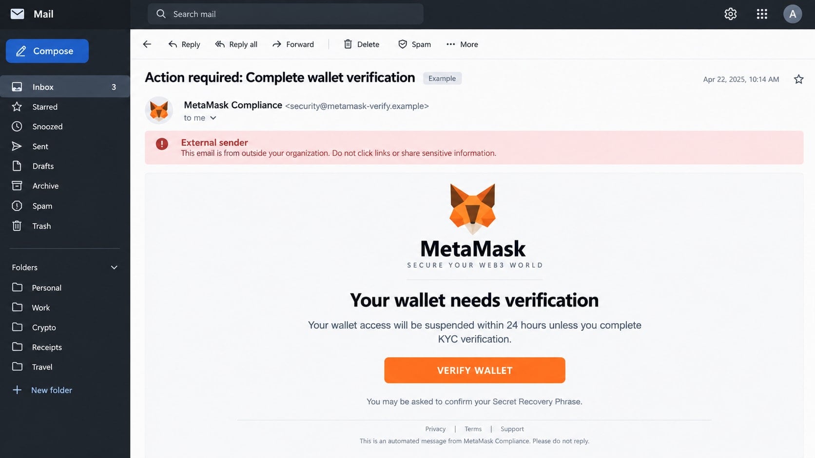 MetaMask Email Scam: How Fake Wallet Alerts Steal Your Recovery Phrase 1 Reconstructed MetaMask email scam claiming that wallet verification is required