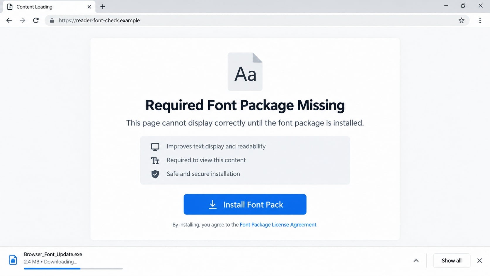 Missing Font Download Scam: How Fake Browser Alerts Can Install Malware 1 Fake missing font warning offering a browser font package download