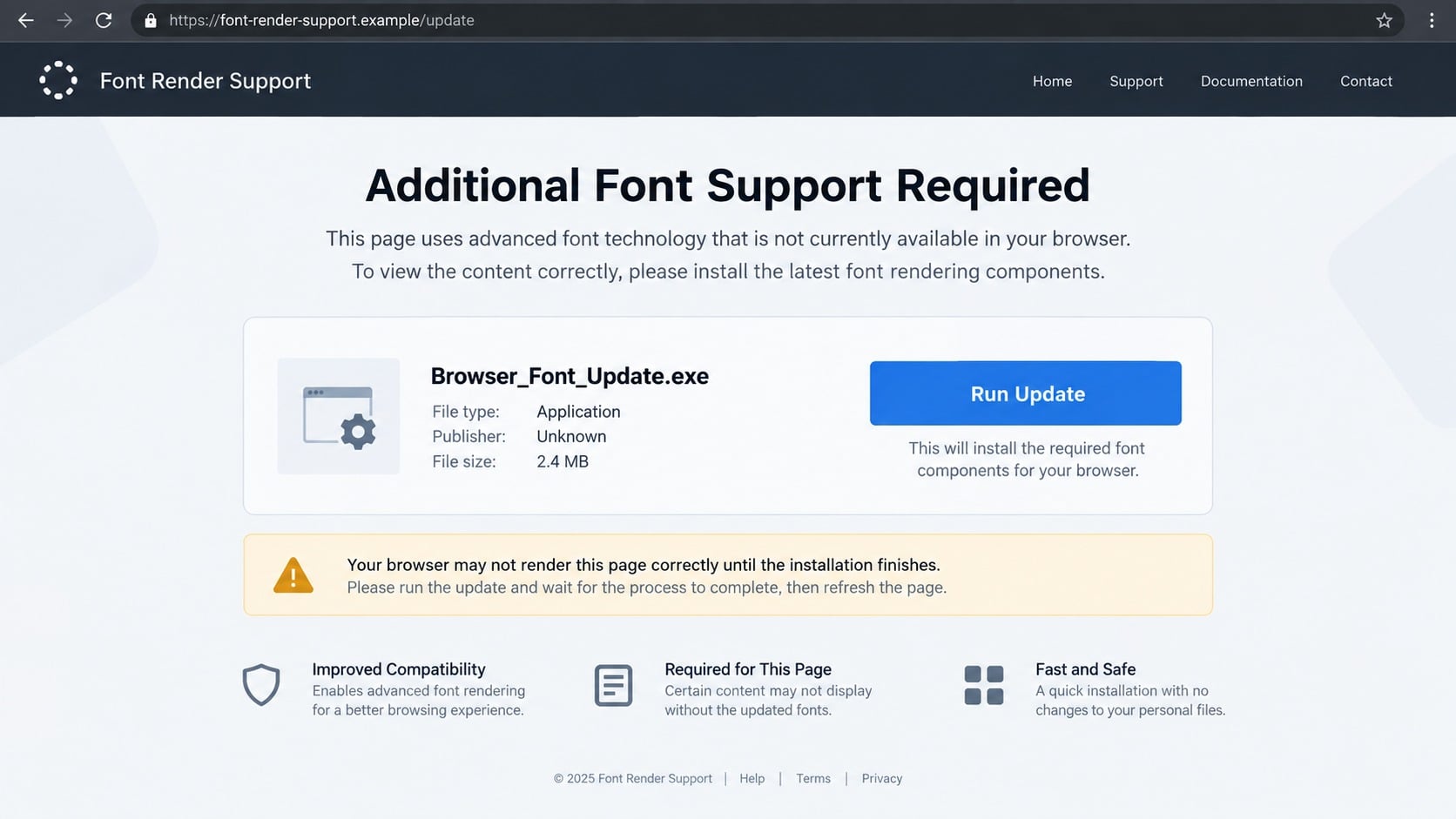 Missing Font Download Scam: How Fake Browser Alerts Can Install Malware 2 Fake font support page offering an unknown executable browser update