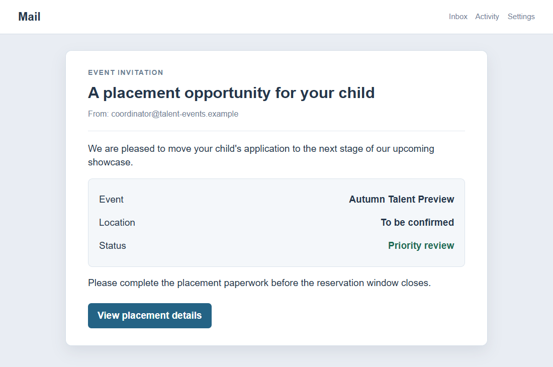 Flat on-screen reconstruction of a fake child modeling event invitation