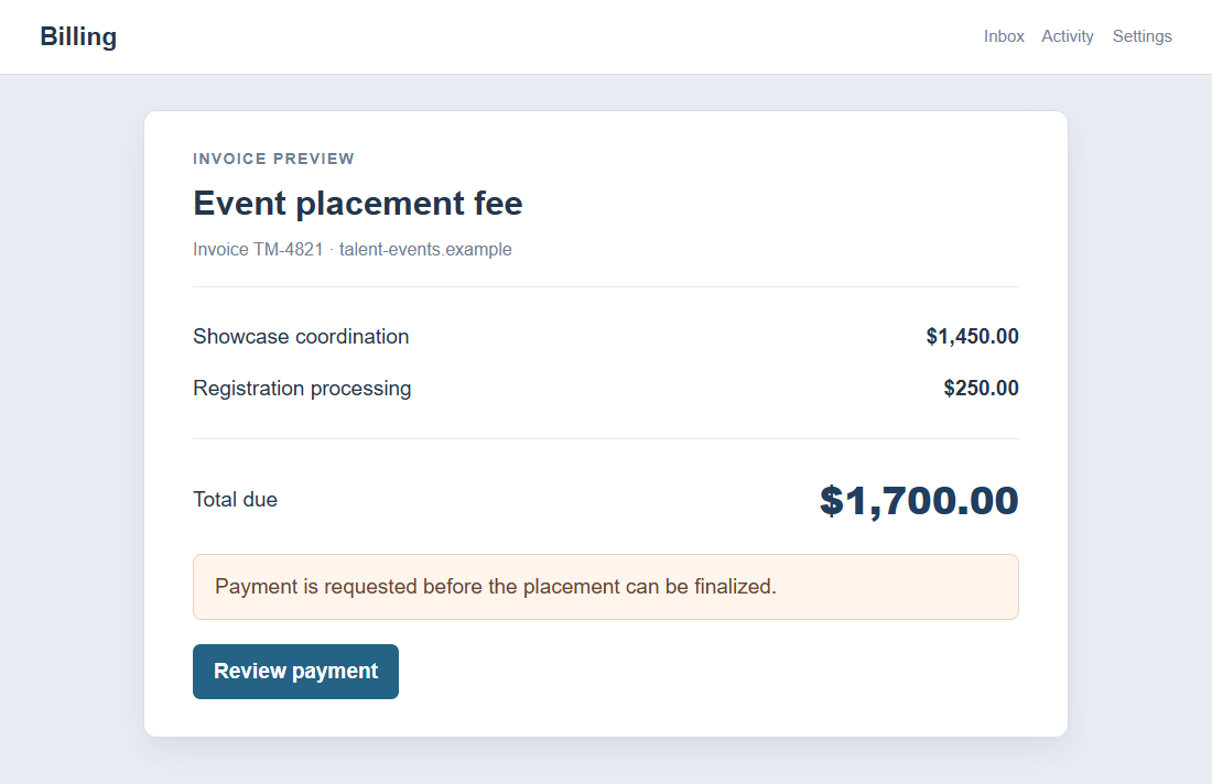 Flat on-screen reconstruction of a fabricated modeling event fee invoice