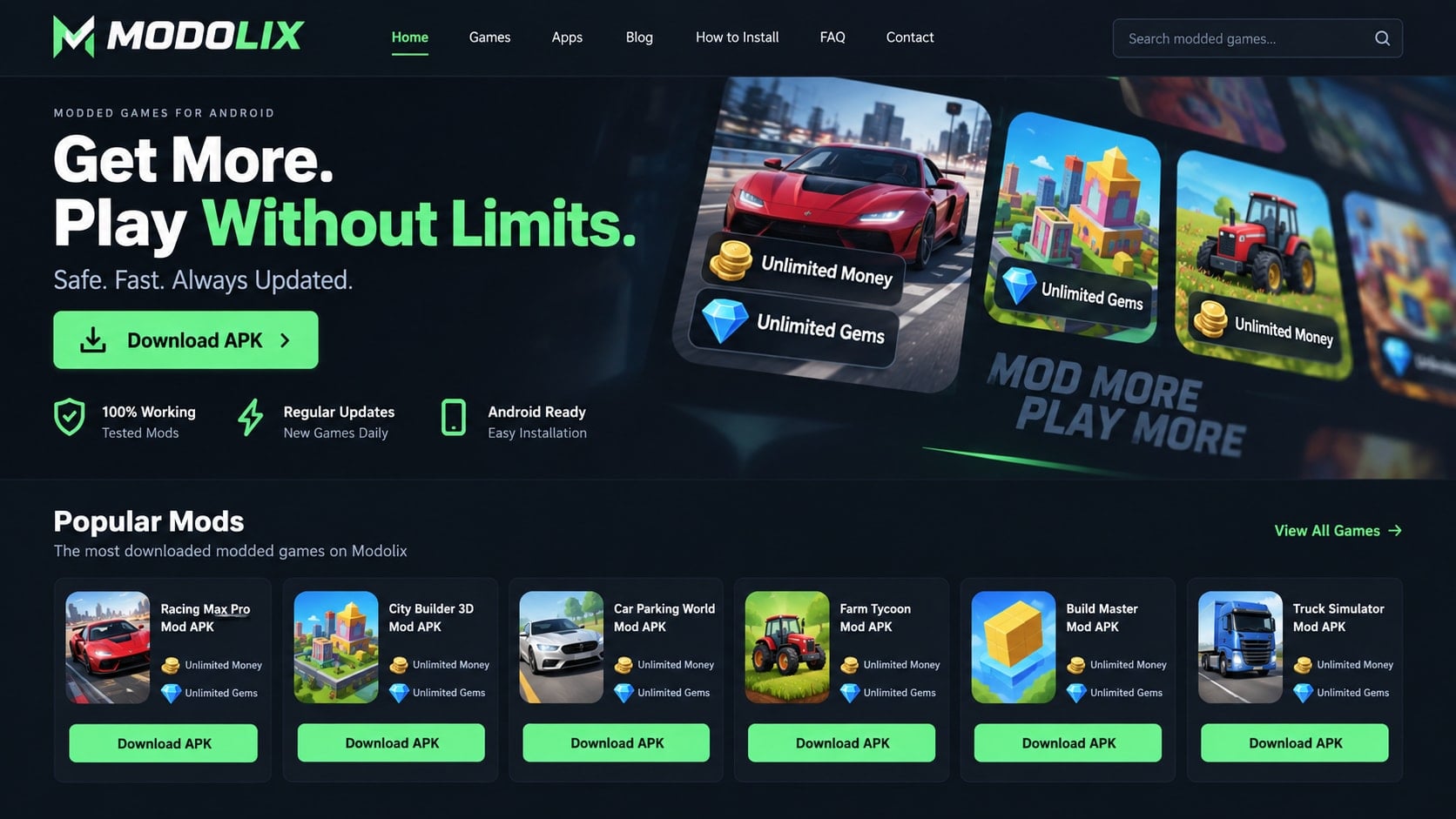 Modolix.com Scam Warning: How Fake Mod APK Downloads Put Your Phone at Risk 1 Reconstructed Modolix-style website advertising modified Android app downloads