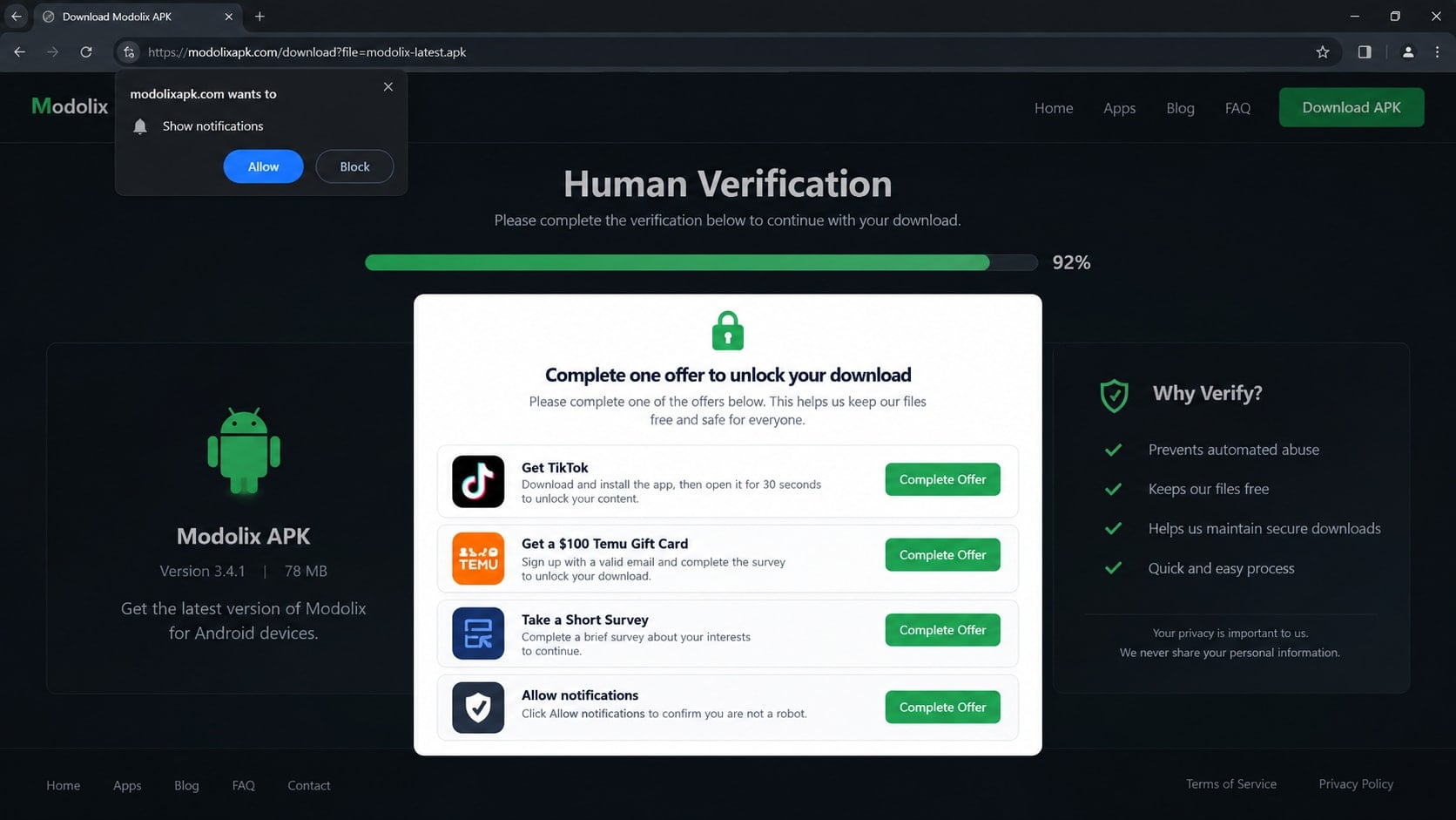 Modolix.com Scam Warning: How Fake Mod APK Downloads Put Your Phone at Risk 2 Reconstructed human-verification offer wall shown instead of a promised mod APK