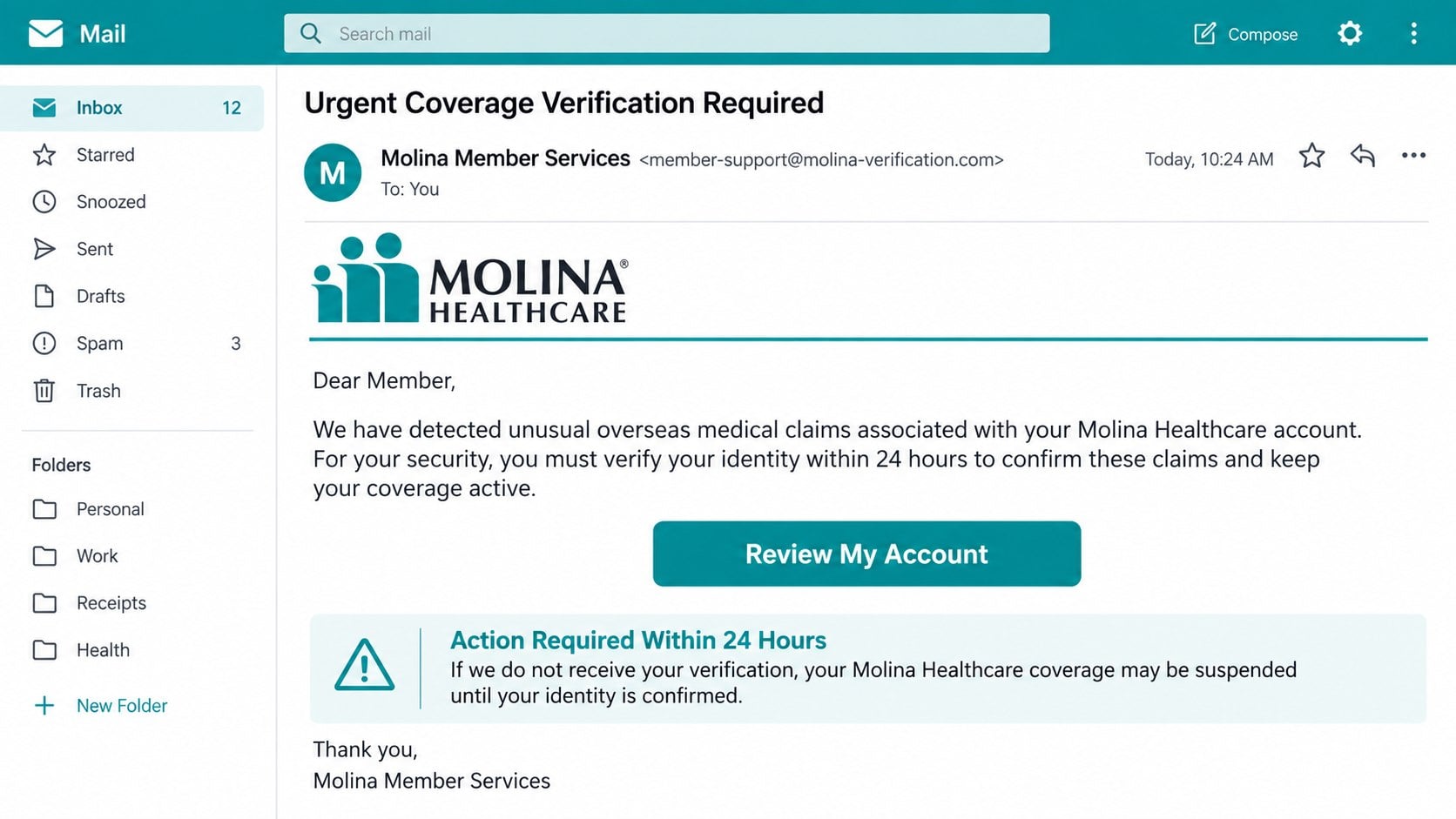 Molina Healthcare Scam Calls: How Fake Agents Steal IDs and Private Data 1 Reconstructed Molina Healthcare phishing email demanding urgent coverage verification