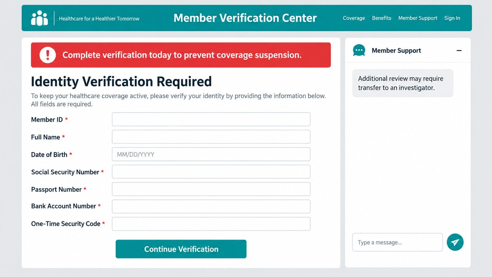 Molina Healthcare Scam Calls: How Fake Agents Steal IDs and Private Data 2 Reconstructed fake health-plan identity verification page requesting sensitive personal and banking data