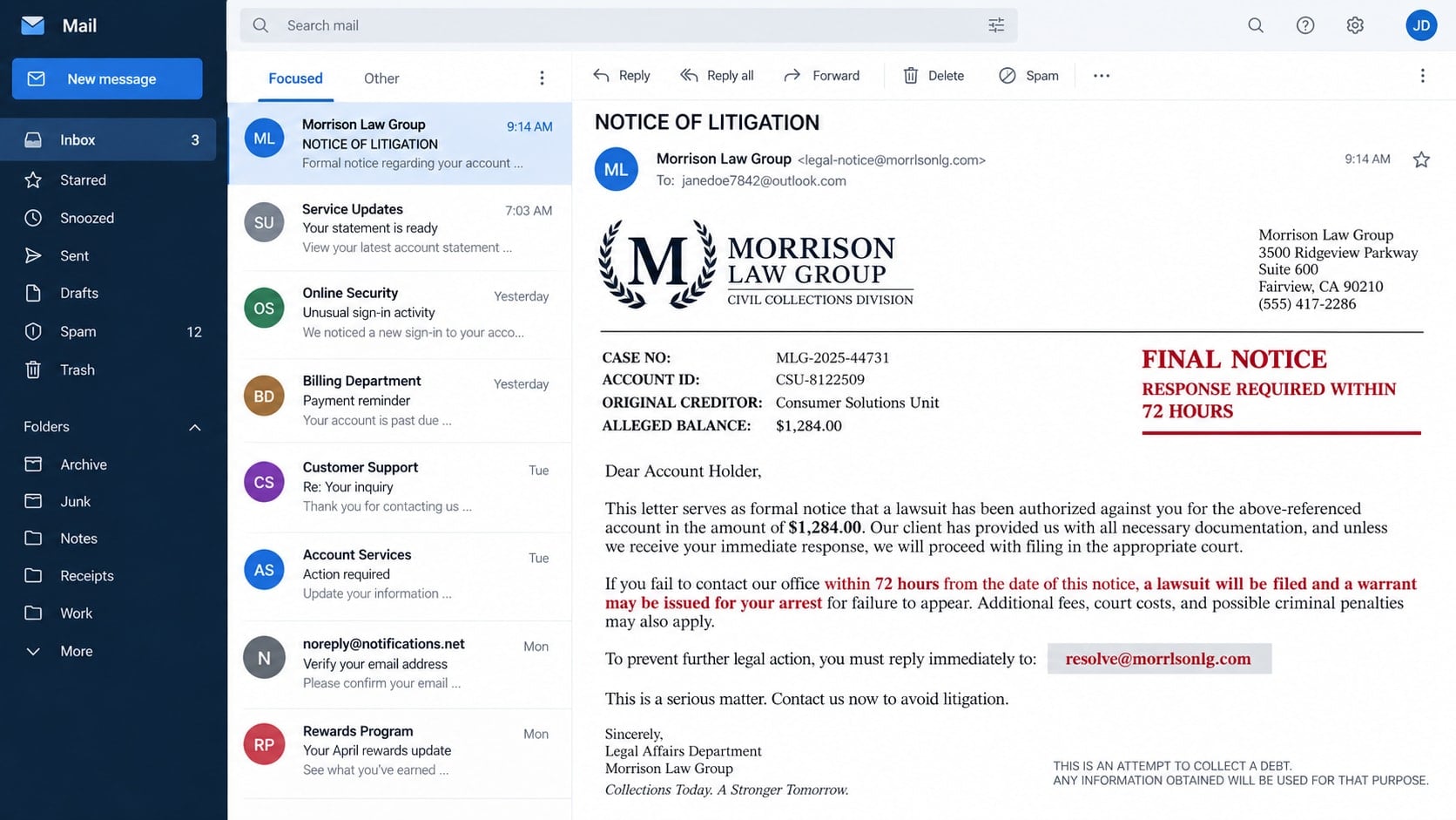 Morrison Law Group Legal Notice Scam: How Fake Lawsuit Threats Steal Money 1 Reconstructed Morrison Law Group scam email threatening litigation and arrest