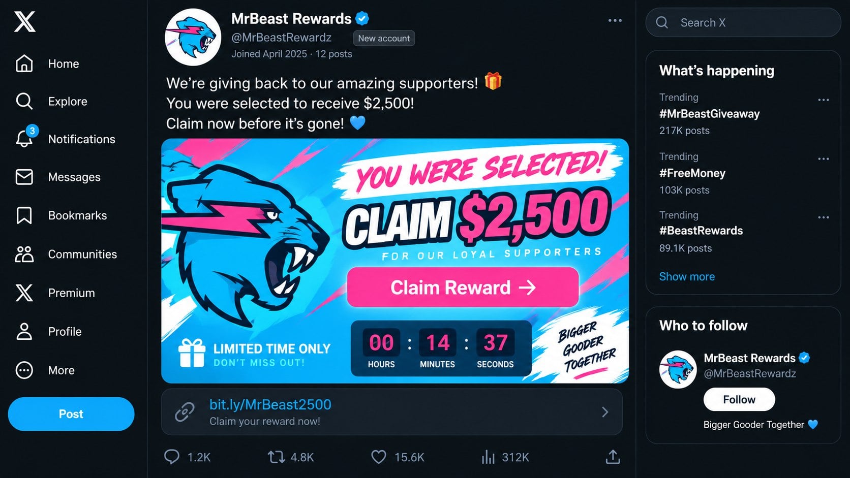 MrBeast Scam Images: How Fake Giveaways Steal Money and Crypto Online Today 1 Reconstructed fake MrBeast giveaway post promising a $2,500 reward through a suspicious link