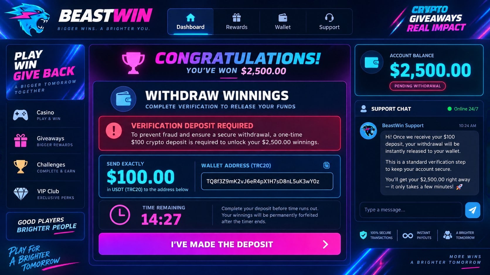 MrBeast Scam Images: How Fake Giveaways Steal Money and Crypto Online Today 2 Reconstructed fake creator-endorsed crypto site demanding a $100 deposit to withdraw a $2,500 balance