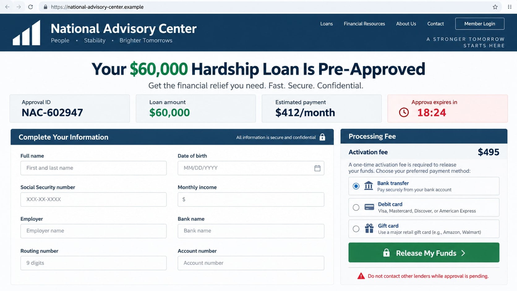 Reconstructed fake National Advisory Center loan portal requesting a $495 activation fee