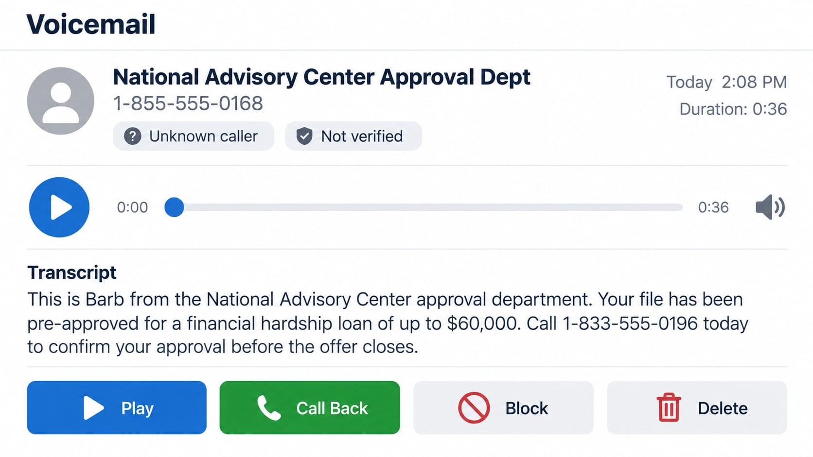 Reconstructed National Advisory Center scam voicemail offering a preapproved $60,000 loan