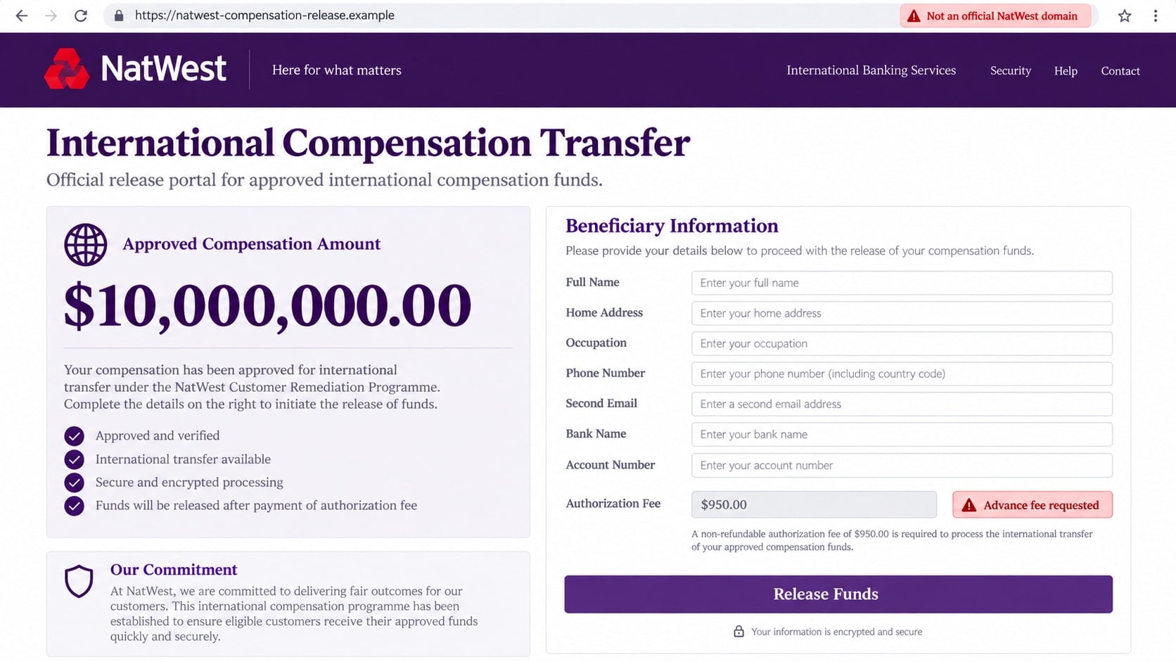 Katie Murray NatWest Scam Email: How the Fake $10 Million Fund Trick Works 2 Reconstructed fake NatWest compensation portal requesting personal details and a $950 fee