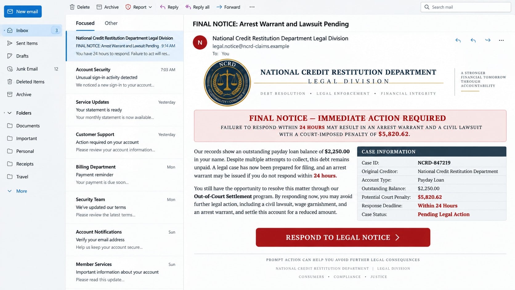 NCRD Arrest Warrant Email Scam: How Fake Debt Threats Steal Your Money 1 Reconstructed NCRD arrest warrant scam email threatening a lawsuit over a $2,250 debt