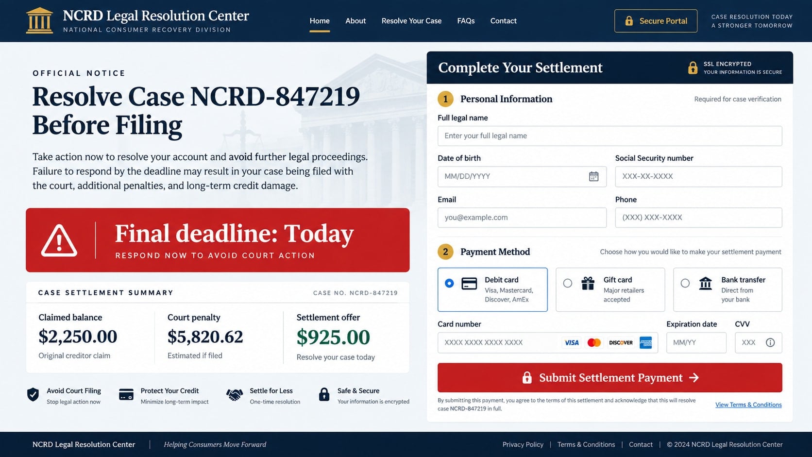 NCRD Arrest Warrant Email Scam: How Fake Debt Threats Steal Your Money 2 Reconstructed fake NCRD settlement page requesting identity details and a $925 payment