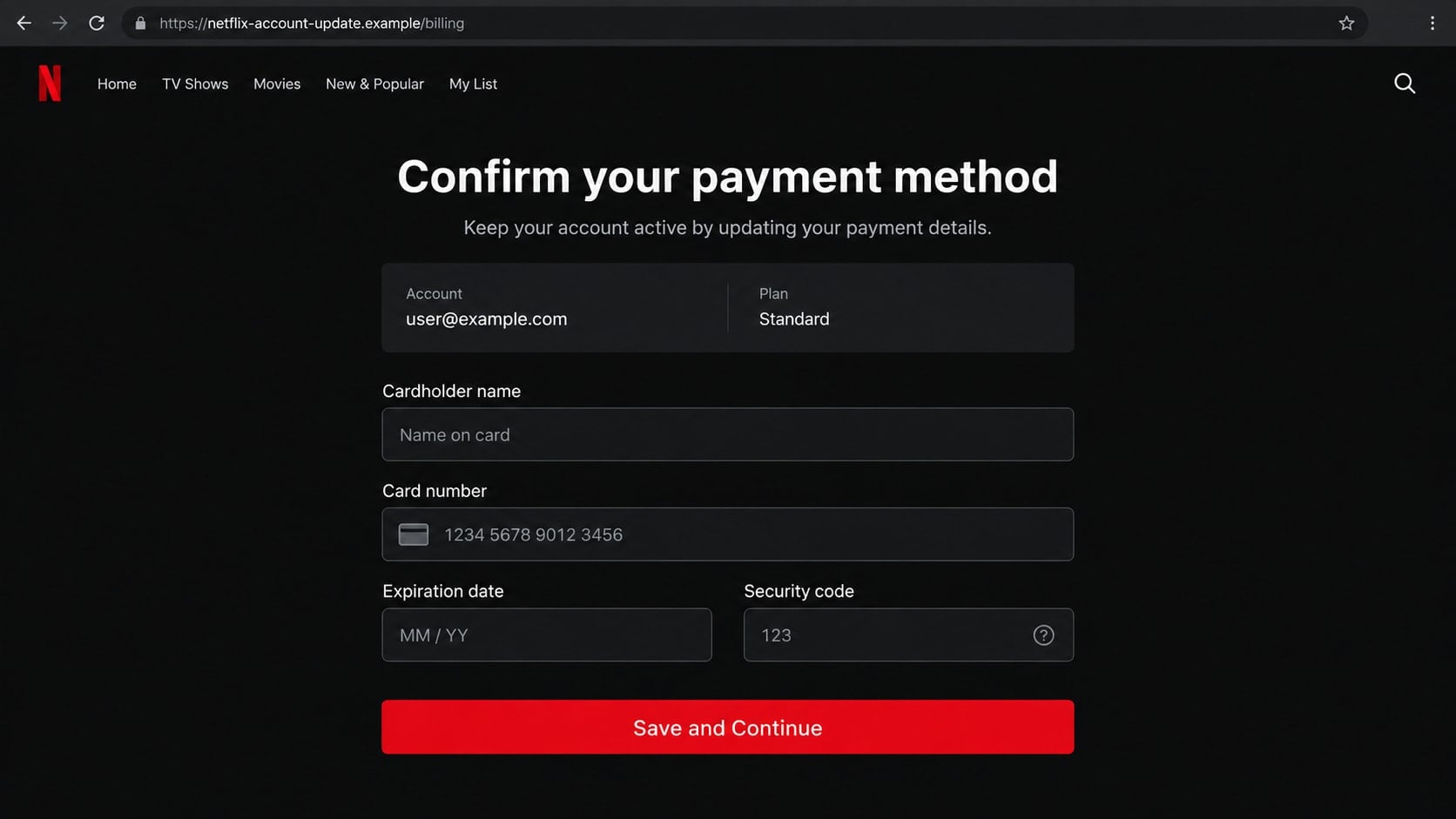 Reconstructed fraudulent Netflix billing page requesting card details