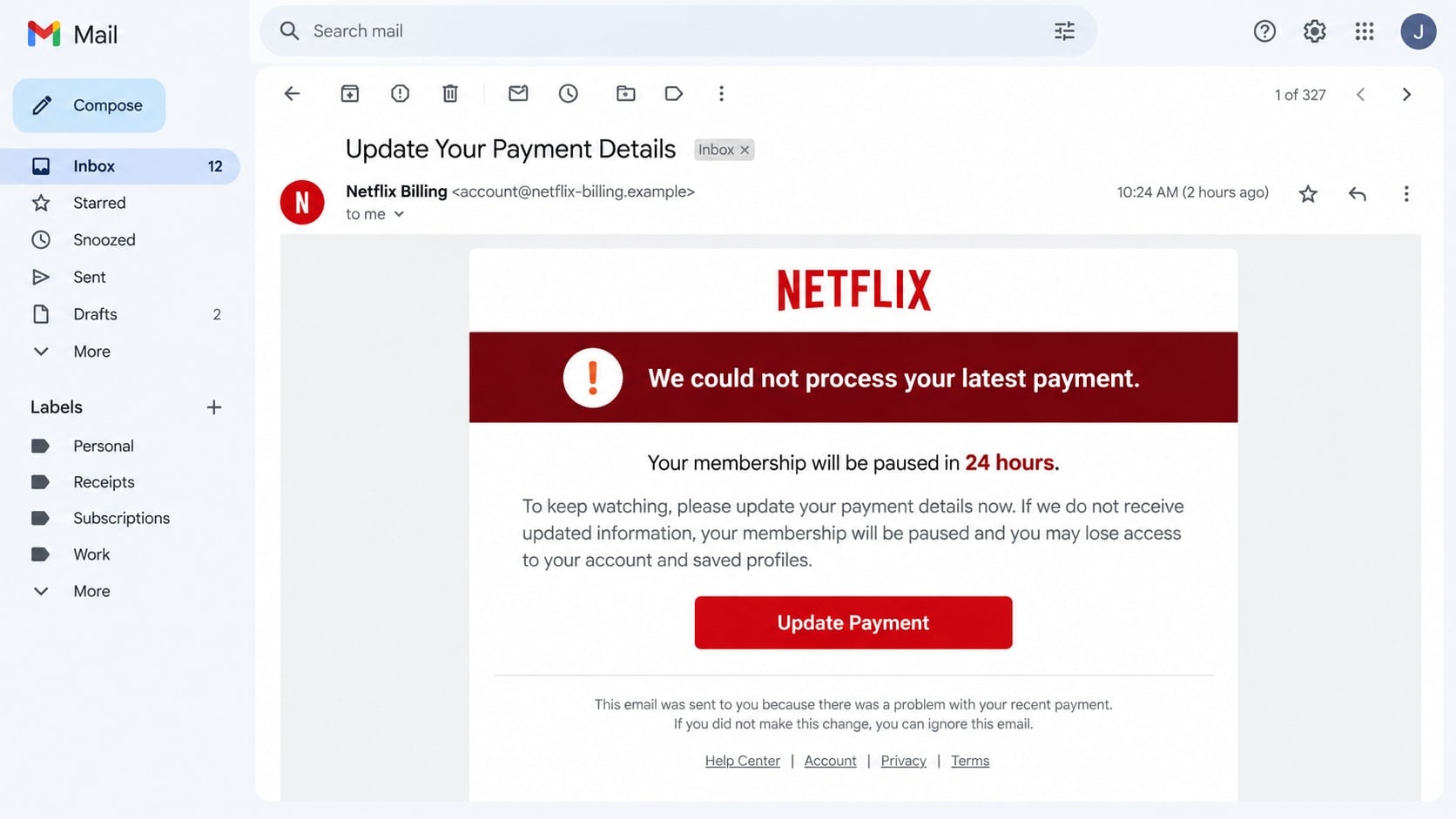 Reconstructed Netflix payment update scam email warning of a billing problem