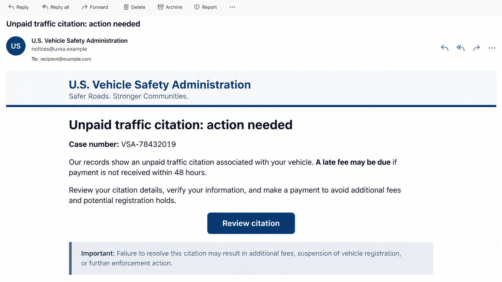 NHTSA Traffic Ticket Scam: Fake Federal Fines And Payment Pages Explained 1 Illustrative reconstruction of a fake vehicle safety agency email demanding traffic citation review