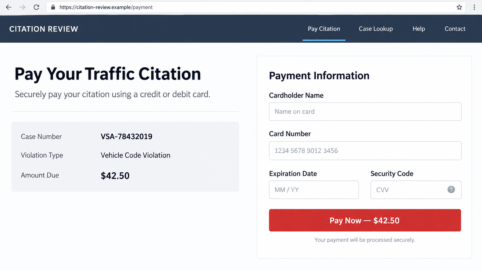 NHTSA Traffic Ticket Scam: Fake Federal Fines And Payment Pages Explained 2 Illustrative reconstruction of a fake traffic citation payment page collecting card details
