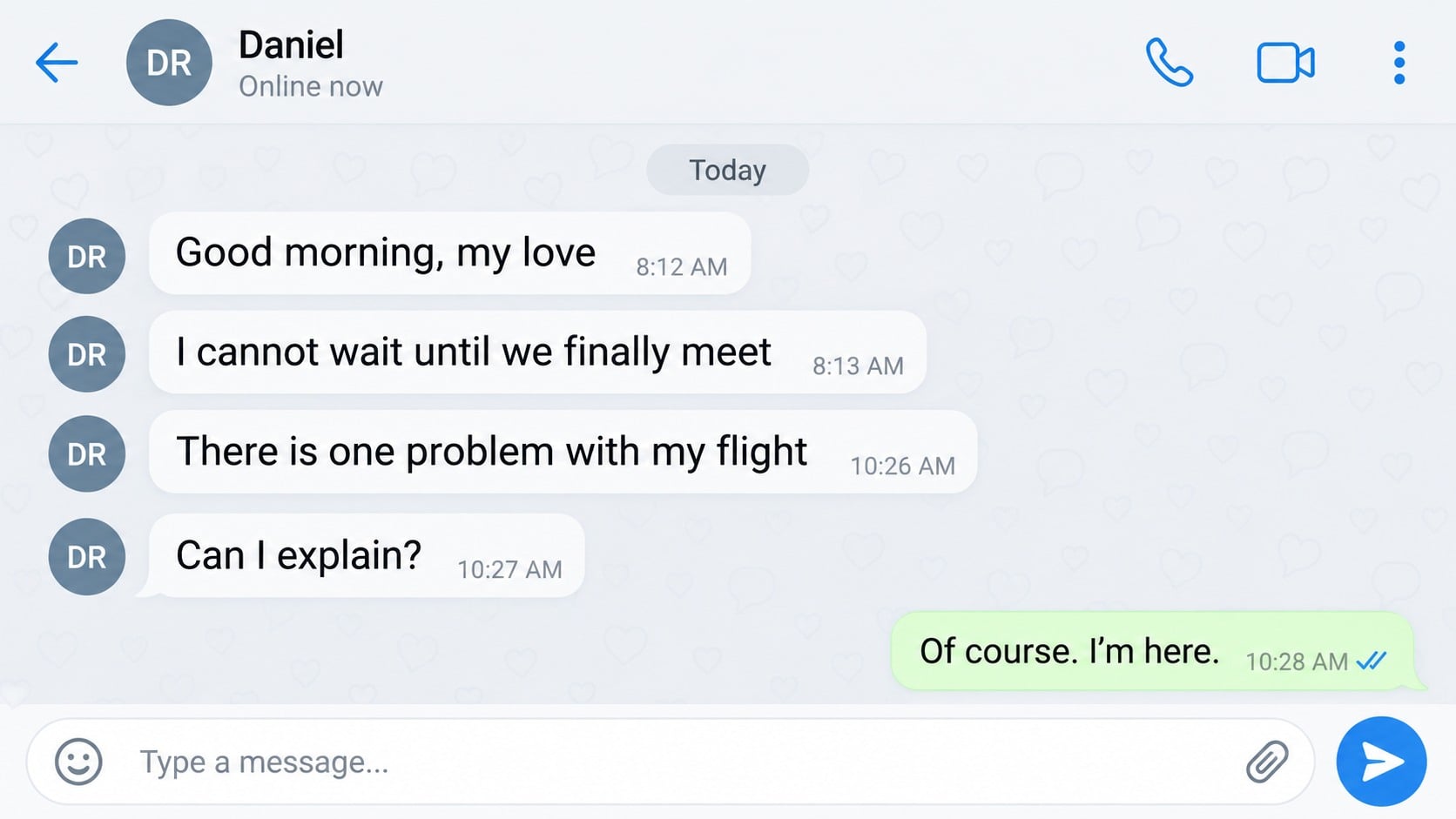 Nigerian Romance Scam Explained: How Fake Love Stories Drain Your Savings 1 Reconstructed romance scam conversation building trust before an emergency request