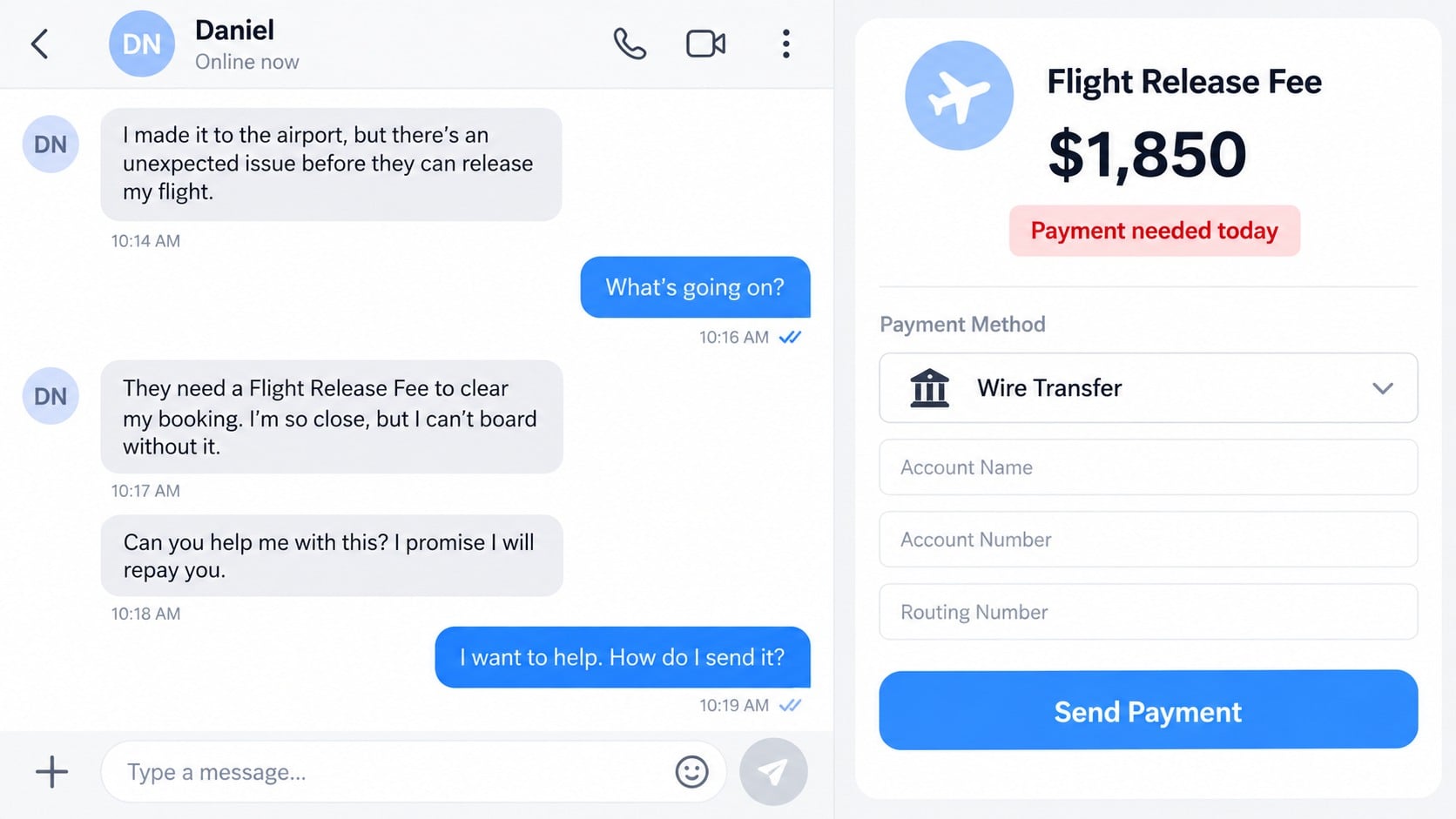 Nigerian Romance Scam Explained: How Fake Love Stories Drain Your Savings 2 Reconstructed romance scam payment request for an invented overseas emergency