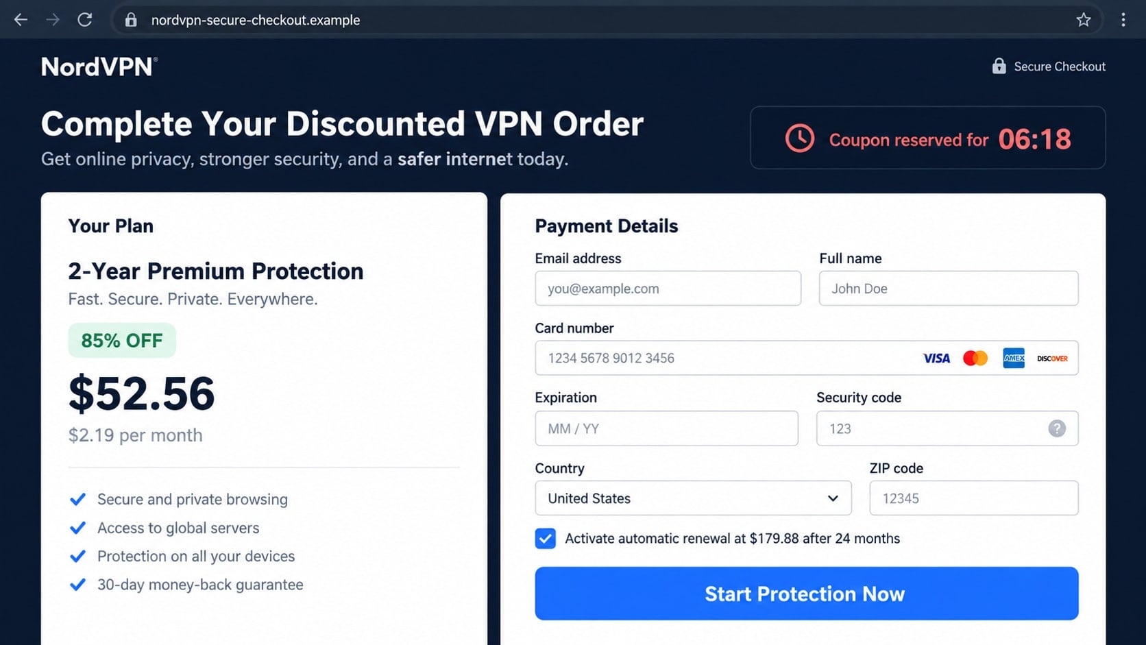 NordVPN Coupon Scam Warning: How Fake Discounts Steal Your Card Details 2 Reconstructed fake NordVPN checkout requesting payment details on an unrelated domain