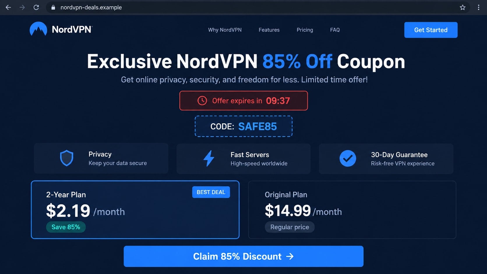 NordVPN Coupon Scam Warning: How Fake Discounts Steal Your Card Details 1 Reconstructed NordVPN coupon scam page advertising an unusually large discount