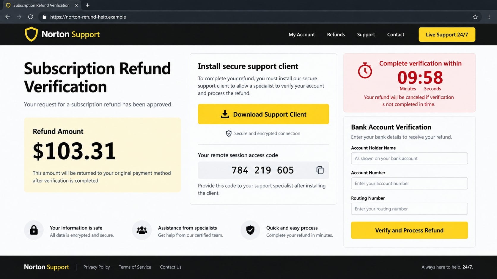 Reconstructed fake Norton refund portal requesting remote software and bank details