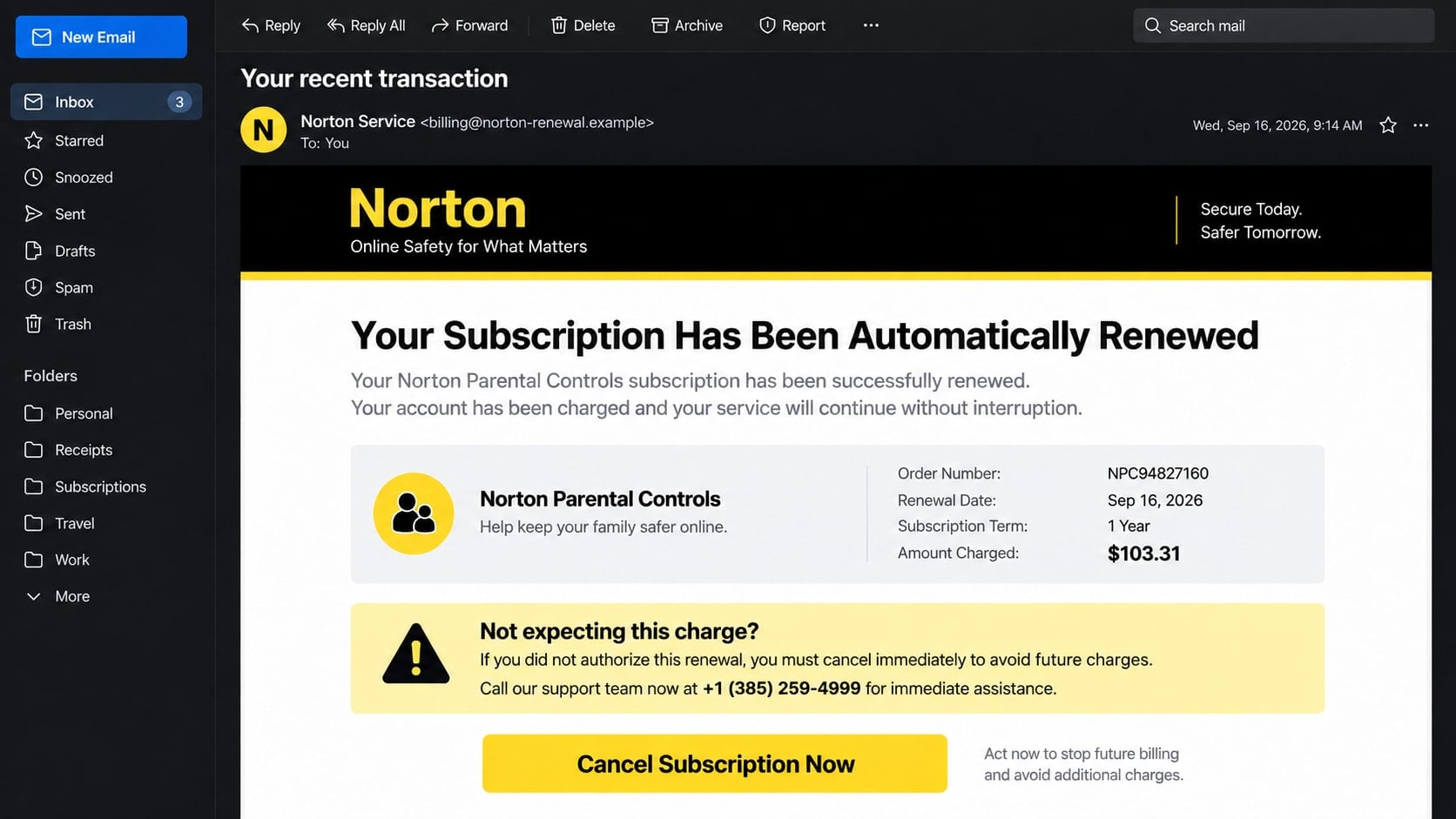 Reconstructed Norton auto-renewal scam email showing a $103.31 charge