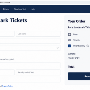 Illustrative reconstruction of a fake Paris landmark ticket checkout promising priority entry