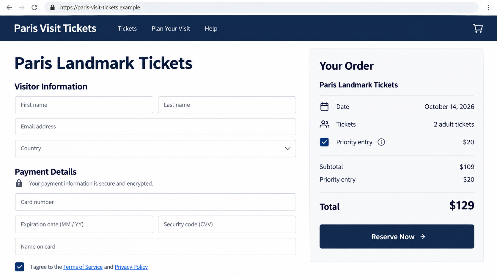 Illustrative reconstruction of a fake Paris landmark ticket checkout promising priority entry