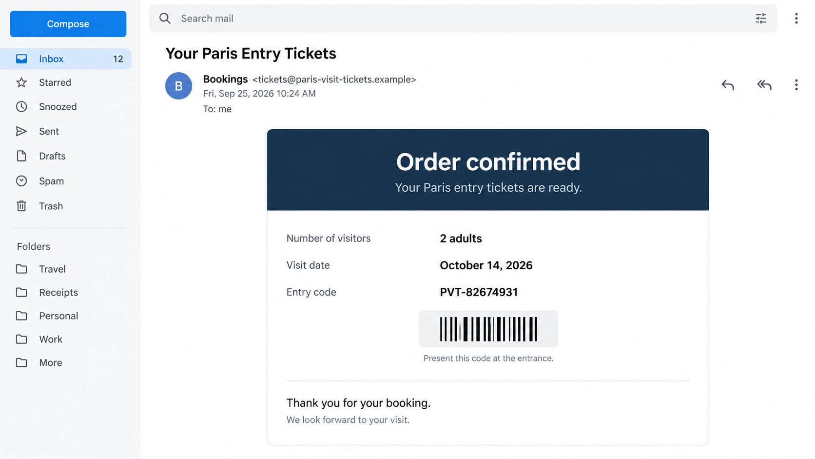 Illustrative reconstruction of a Paris attraction entry confirmation email with a code that is not proof of valid admission