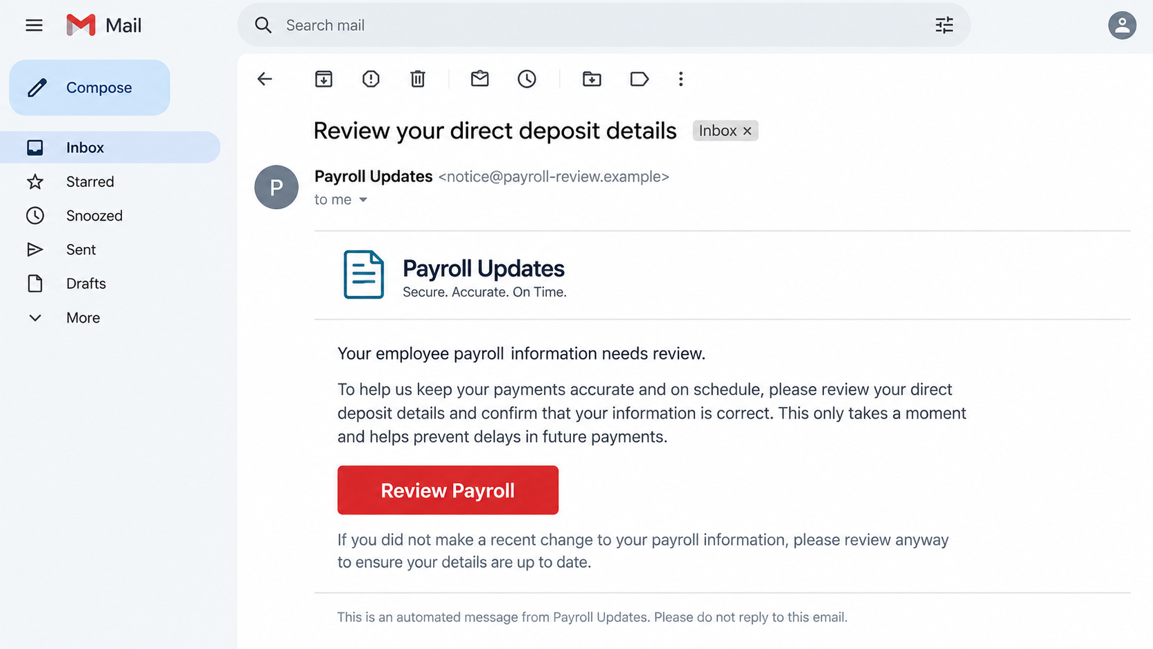 Illustrative reconstruction of a fake payroll email asking an employee to review direct deposit details