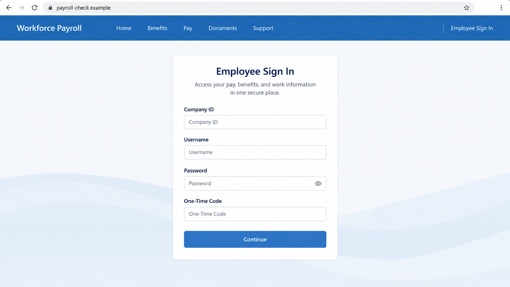 Illustrative reconstruction of a lookalike employee payroll portal requesting credentials and a one-time code