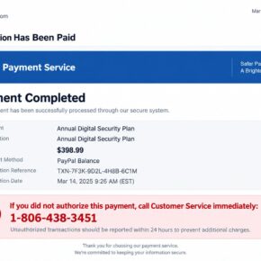 Reconstructed PayPal $398.99 payment alert scam email displaying 1-806-438-3451